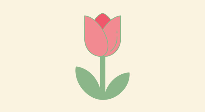 A minimalist flat illustration of a single pink tulip with a green stem and leaves on a light beige background.