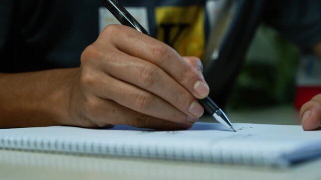Hand writing notes in a spiral notebook, Close-up of a person's hand writing with a black pen in a spiral notebook on a desk, showing study, planning, and note taking.