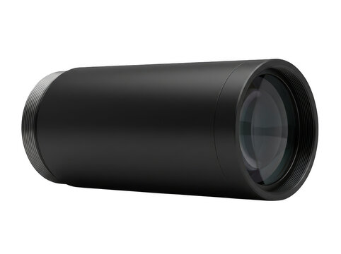 Black cylindrical camera lens with glass front and metallic body on a neutral background.
