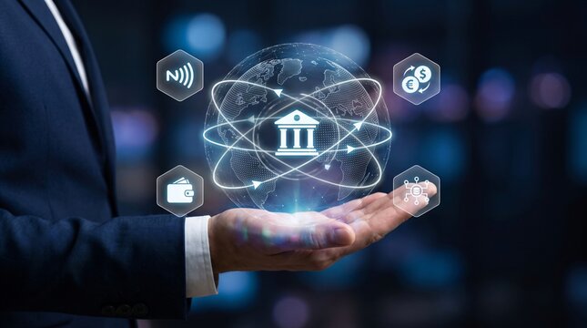 Cashless mobile payment and cross-border digital banking transaction, Executive hand holding glowing wireframe globe with classical bank dome and contactless instant financial transfer network.