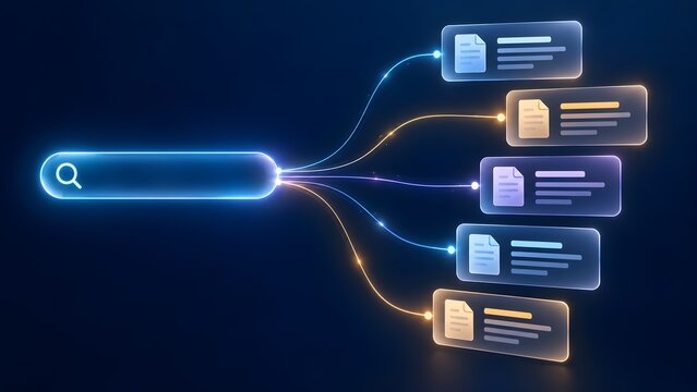 Digital search bar branching out to multiple document result cards with glowing lines representing seo ranking, query routing, and data filtering