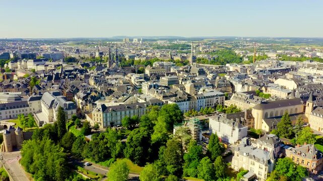 Luxembourg, Historical city center in the morning. Drone footage