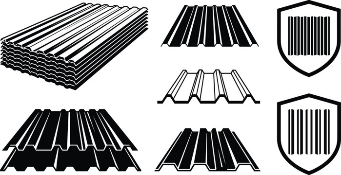 Corrugated metal roofing sheets icon set featuring galvanized steel profiles stacked panels and protective shield vector illustrations