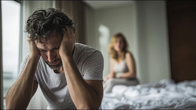 Sad man holding his head in frustration while his angry partner shouts in the background