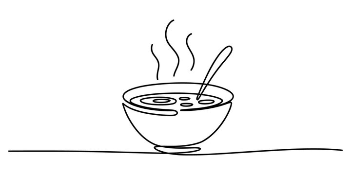 Simple line drawing of a hot bowl of soup with a spoon in it
