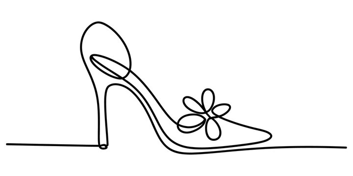 Continuous single line drawing of a high heel shoe with a flower decoration