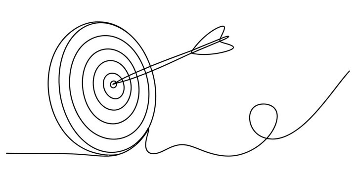 Continuous single line drawing of an arrow hitting the center of a target
