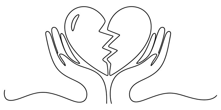 Continuous line drawing of two hands holding a broken heart symbol