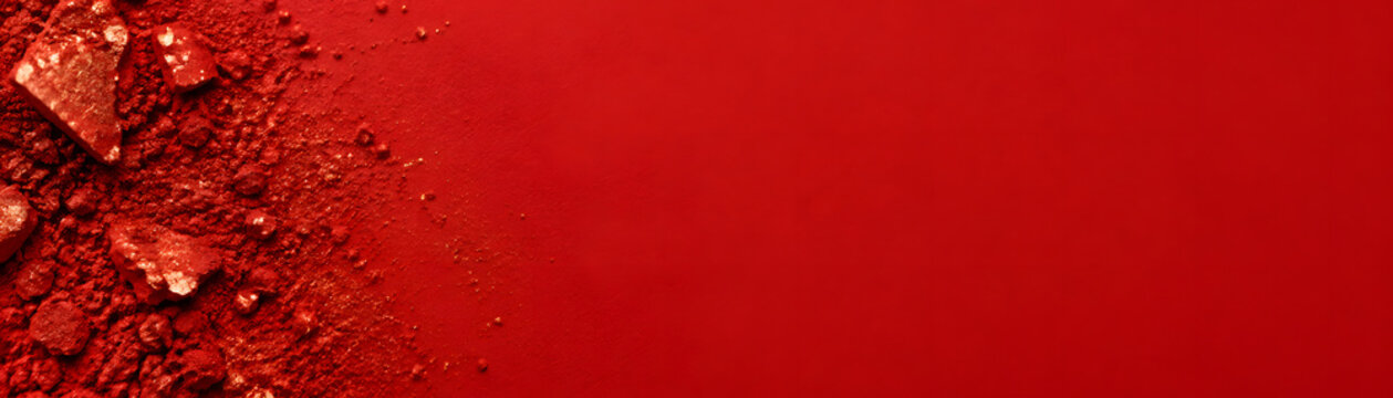 Vibrant red background with crushed vermillion mica and powder scattered artistically, creating striking visual impact