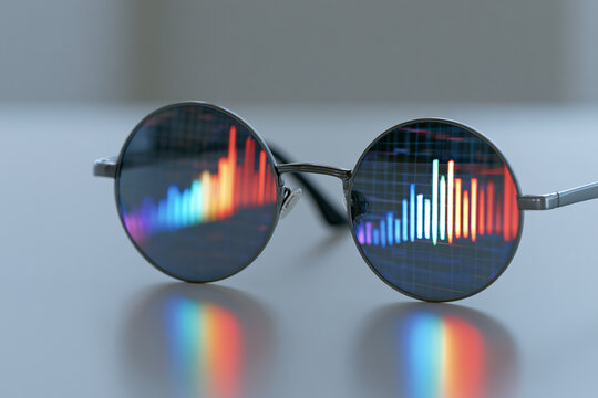 Round Eyeglasses Reflecting Financial Stock Market Chart for Business Data Analysis Vision Concept