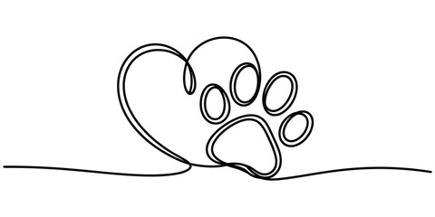 Continuous single line drawing of a dog paw print and a heart shape © Icon_gallery