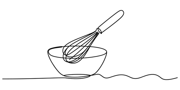 Continuous single line drawing of a kitchen whisk and a mixing bowl