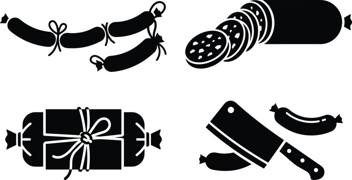 Butcher shop sausage vector icon set featuring salami links meat cleaver knife and charcuterie food silhouettes