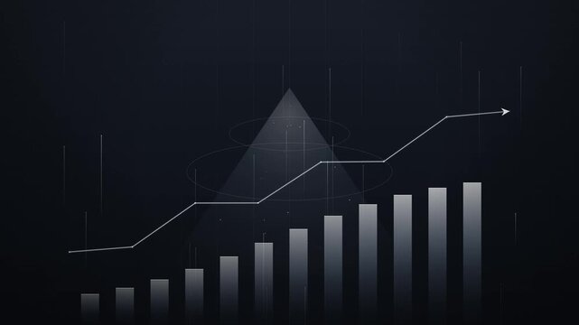 Financial growth chart animation featuring an upward trending line graph and bar chart with glowing digital data particles on a dark corporate background for business and fintech presentations.