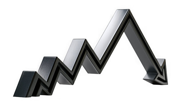 Dark metallic graph arrow showing a downward trend and decline isolated on a pure transparent background for analysis.