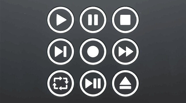 Modern media player control buttons set featuring illuminated white icons on a sleek dark grey surface