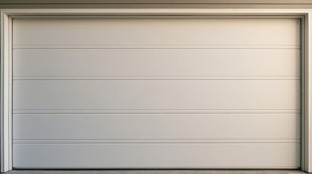 Detached Garage Modern closed white garage door with horizontal panels framed by a decorative border.