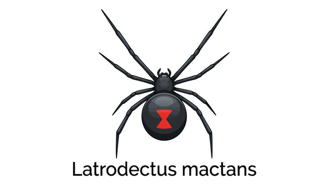 Black widow spider illustration displaying a distinctive red hourglass marking on its rounded glossy abdomen body