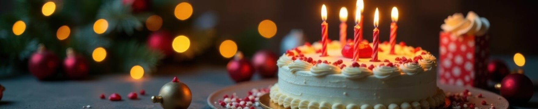 One year old birthday cake with lit candles and holiday decorations Copy space , lovely, christmas, one