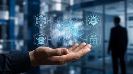 Obraz premium Distributed cloud banking infrastructure and microservices core data. Executive hand presenting glowing isometric digital database cubes with decentralized network mesh for enterprise fintech.