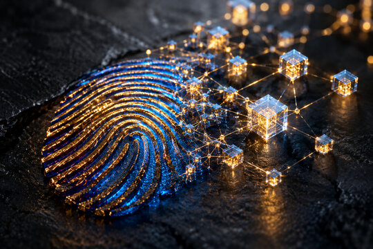 Macro photography of a fingerprint morphing into a glowing gold cryptographic blockchain node