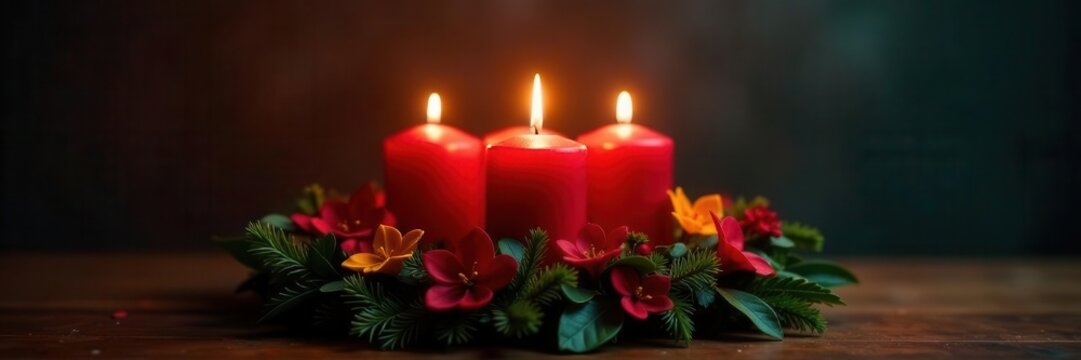 Classic advent wreath, four candles ablaze, ample space , fourth sunday, advent wreath, winter