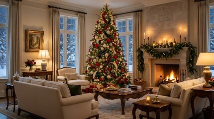Obraz premium Elegant living room interior decorated for christmas with a large lit tree and a cozy fireplace