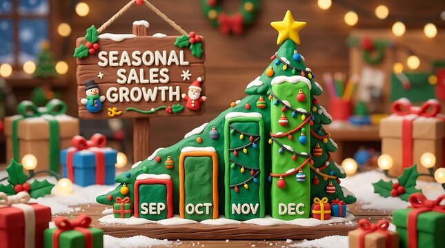 3D clay style Christmas tree merged with a bar chart shape, squishy texture, seasonal sales growth concept