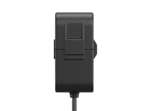 Black power adapter with USB port connected to a cable against a transparent background.