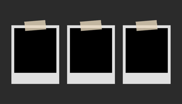 Blank Instant Photo Frames Set Taped on Dark Background Vector, Empty Square Polaroid Style Picture Frame Mockup Template, Vintage Gallery Wall Display, Memory Board Vector