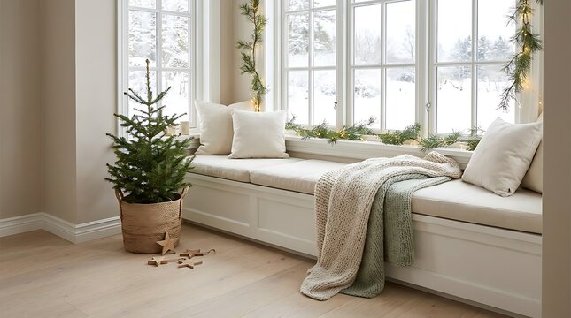 Cozy window seat with cushions and a small christmas tree in a bright living room interior