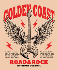 Fototapeta premium Rock music art. Winged guitar logo. Retro coast poster. Road and rock. Rhythm soul design.