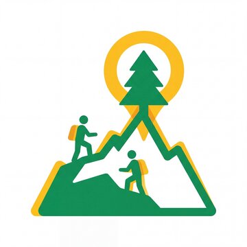 Mountain climbing hiking icon vektor with two hikers and pine tree