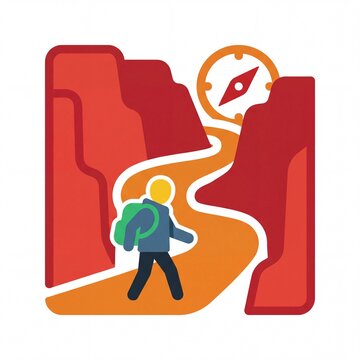 Flat icon vektor of a hiker walking on a canyon trail with compass