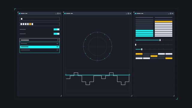 Futuristic HUD interface animation with data graphs and spinning radar