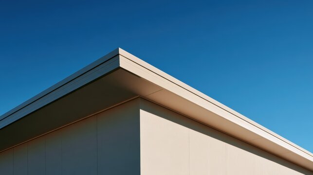 Modern building corner with clean lines and a sharp edge against a clear blue sky.