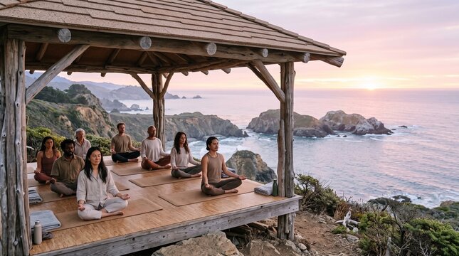 Diverse group meditating in a coastal wooden pavilion at sunset with scenic ocean views for wellness marketing