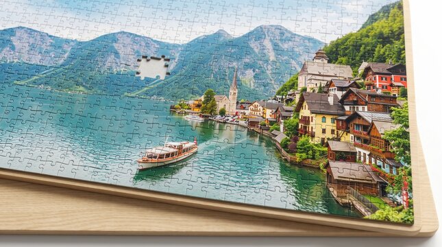 Nearly completed jigsaw puzzle of Hallstatt village in Austria with one missing piece on wooden board