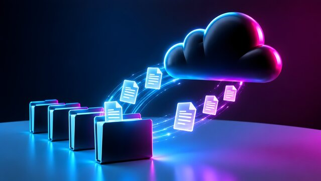 Digital documents flowing from physical folders into a 3D cloud icon with glowing neon lines representing paperless office data migration and cloud backup