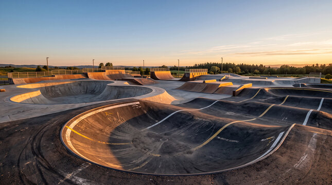 A wide-angle view of a professional concrete skatepark and asphalt pump track bathed in the warm glow of a summer sunset, highlighting modern urban recreation design.