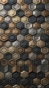 3D metallic hexagon pattern background with dark and bronze geometric tiles