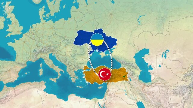 Ukraine and Turkey Bilateral Relationship Map Animation Footage