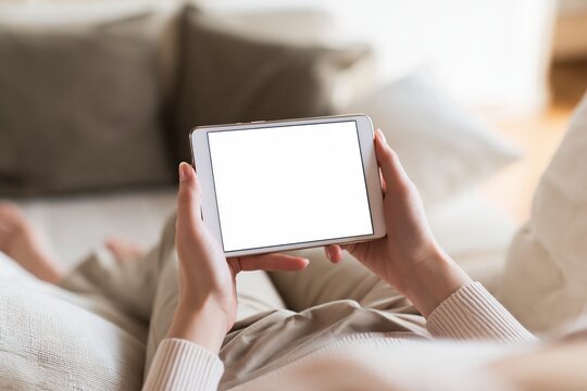 Person holding a tablet computer with a blank screen