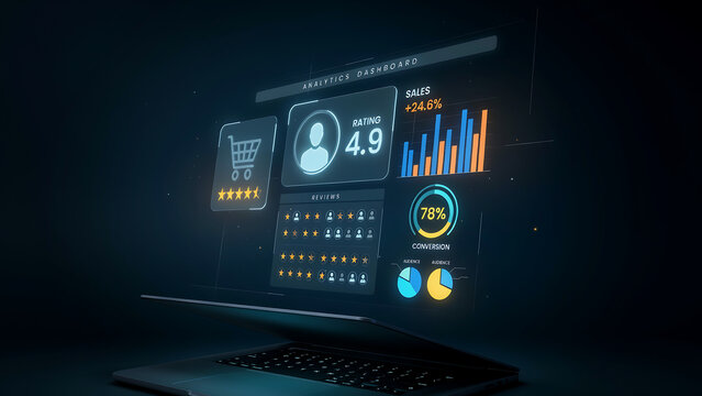 Modern laptop displaying ecommerce analytics dashboard with sales growth and customer rating metrics