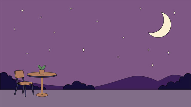 Cozy night cafe illustration with table chair small plant crescent moon stars purple sky and distant hills ideal for outdoor backgrounds posters lifestyle decor and evening designs