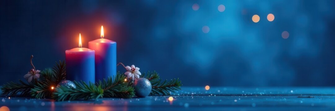 Blue Advent candles, fourth Sunday, Christmas card design, shadow, peace, candlelight