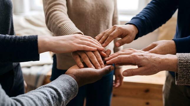 Diverse group of people stacking hands together showing unity teamwork and support indoors