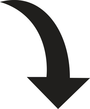 Black Curved Downward Arrow Vector Icon Isolated on White Background