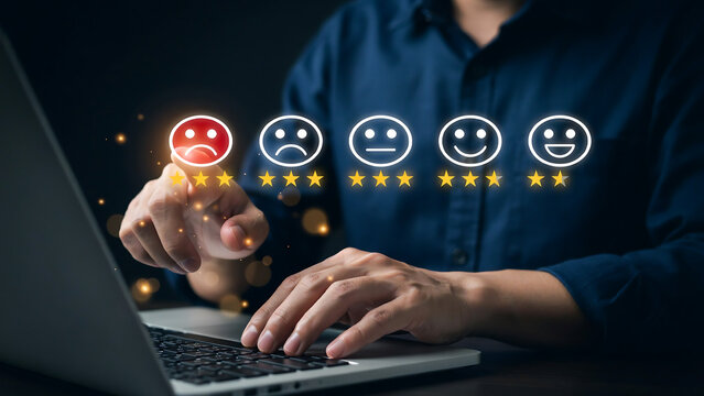 Person typing on laptop with emotional rating faces and sad cartoon character on screen