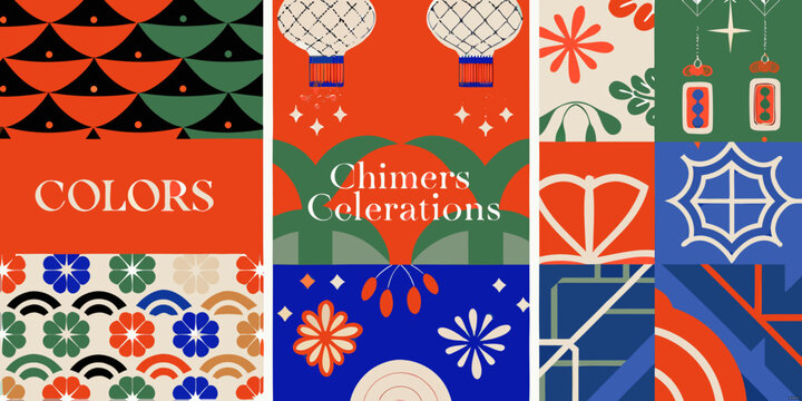 A collection of colorful geometric patterns and stylized floral ornaments forms a vibrant flat illustration abstract aesthetic